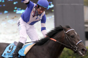 caballo corriendo y jockey festejando la victoria de la carrera gp nacional
